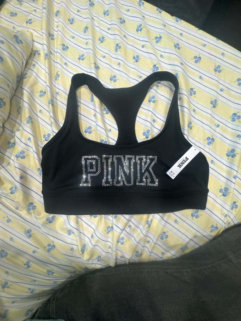 Victoria's Secret PINK Relay Racerback Sports Bra Black Rhinestone Logo